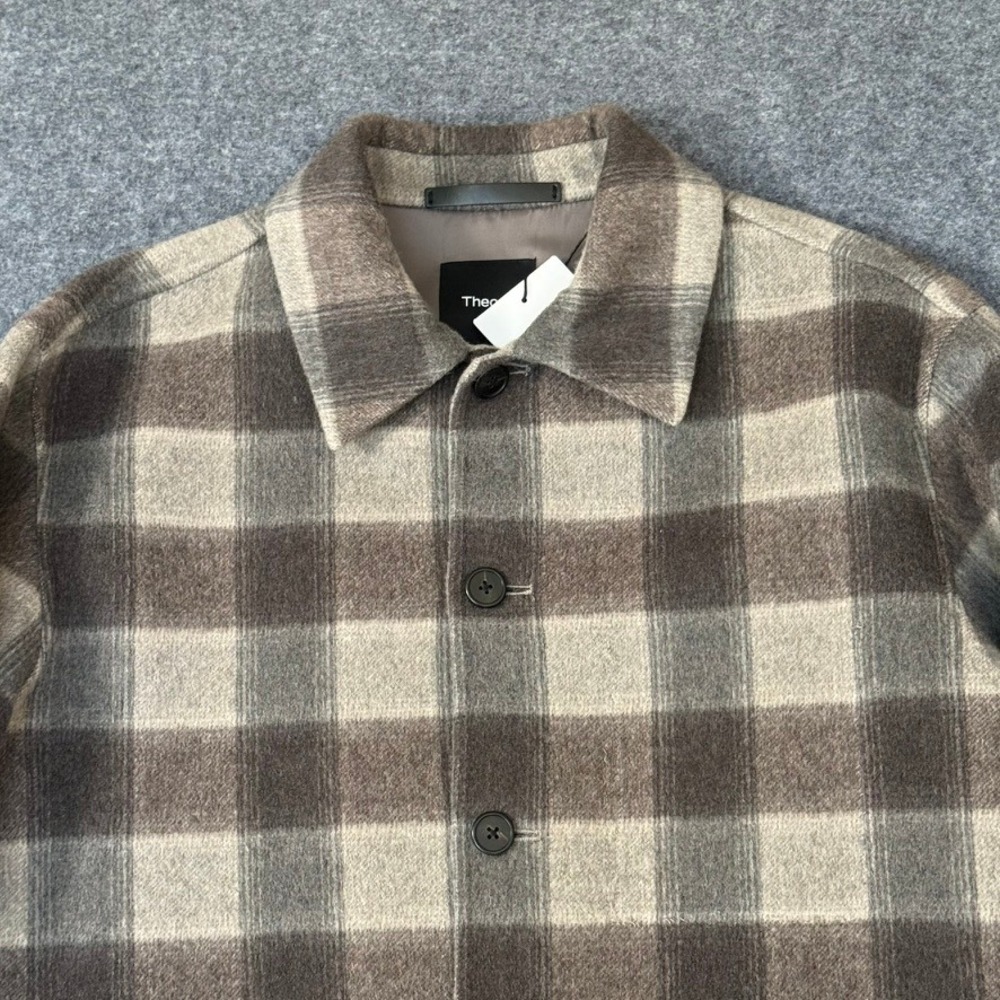 Theory Men New Divide Check Overshirt Wool Cashmere Plaid Jacket Feather Multi M